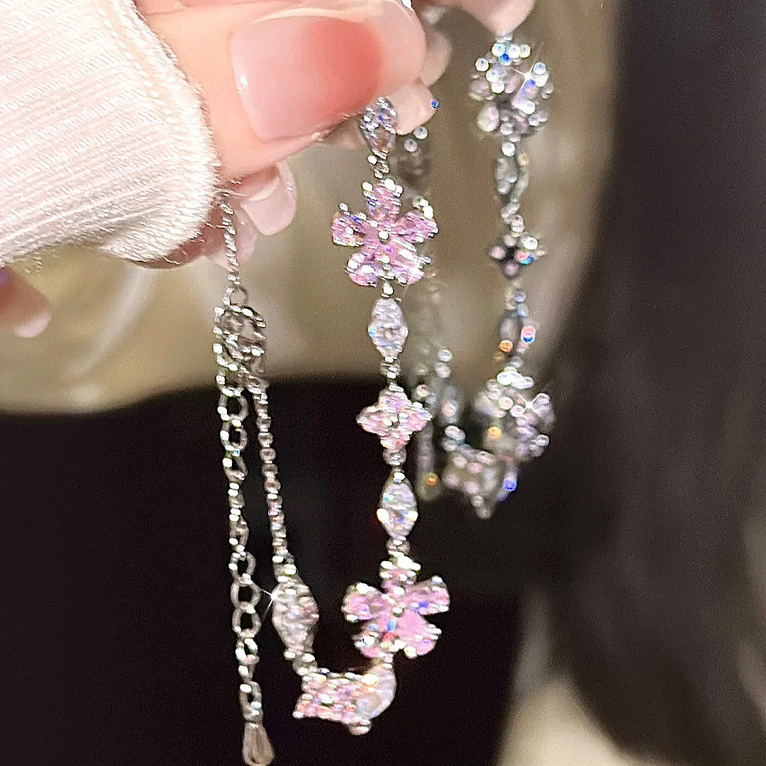 Red Riding Book Same Style Rhinestone Cherry Blossom Pink Flower Bracelet Light Luxury Fresh Flower Lady Elegant Girl's Decoration