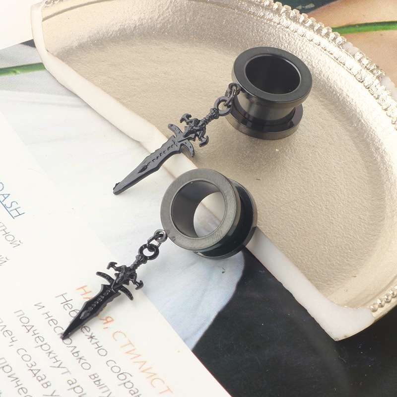 25mm Externally Threaded Ear Auger Pendant Geometric Earring - Black 18K Gold Plated detail image 9
