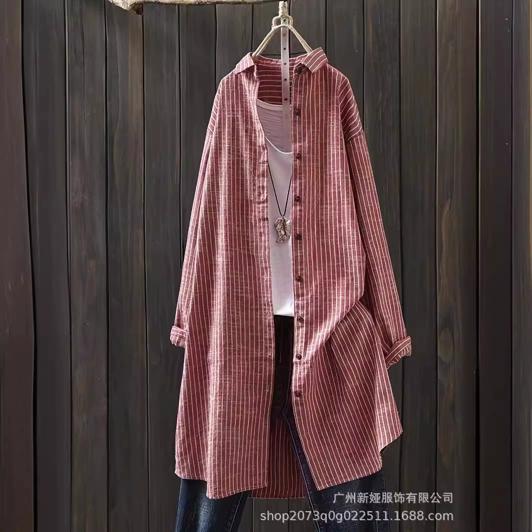 Новая женская литературная хлопчатобумажная рубашка в полоску женская средняя длинная модель с длинными рукавами плюс размер пиджак