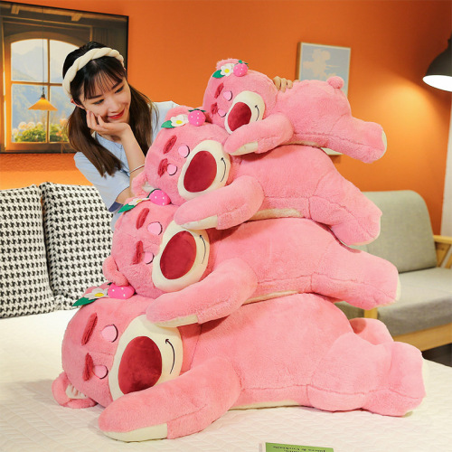 New cute lying posture strawberry bear plush toy pillow scissor machine doll doll gift cushion cross-border supply