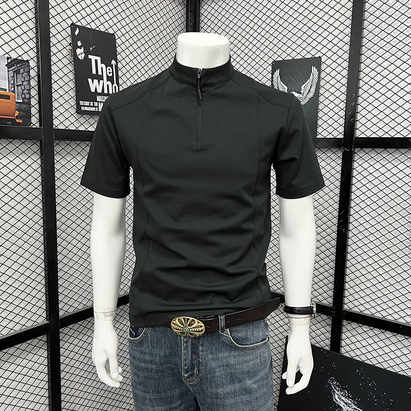 Men's Summer Sports T-Shirt Style High Neck Zipper Short Sleeve Fashionable Trendy Loose Top_viptrois.com
