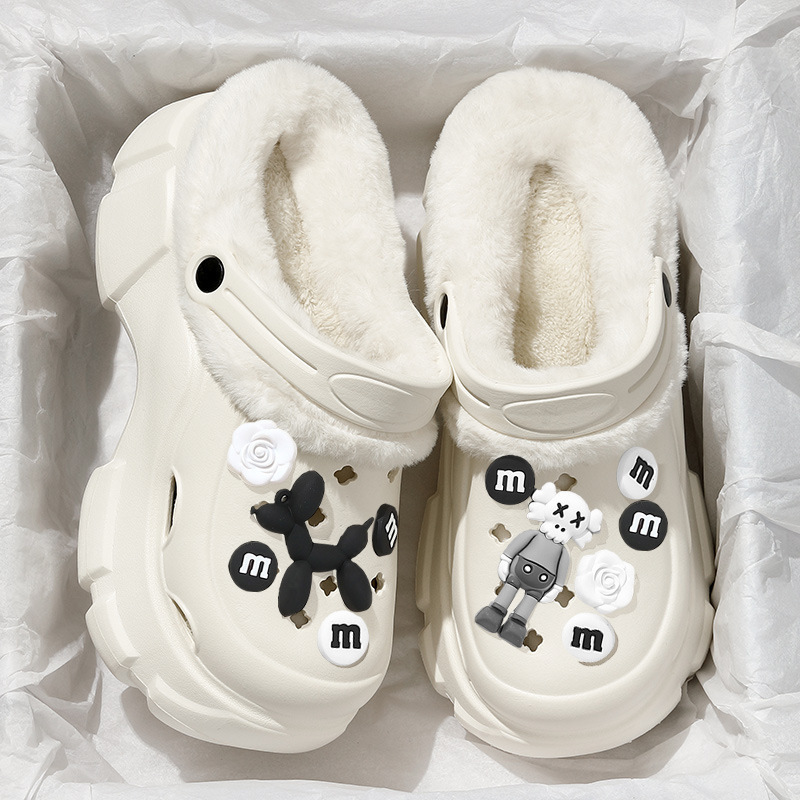 Cartoon Cotton Slippers for Women to Wear Outside in Autumn and Winter 2024 New Thick-Soled Heightening Anti-Slip Two-Wear Fleece-Lined Warm Furry Hole Shoes