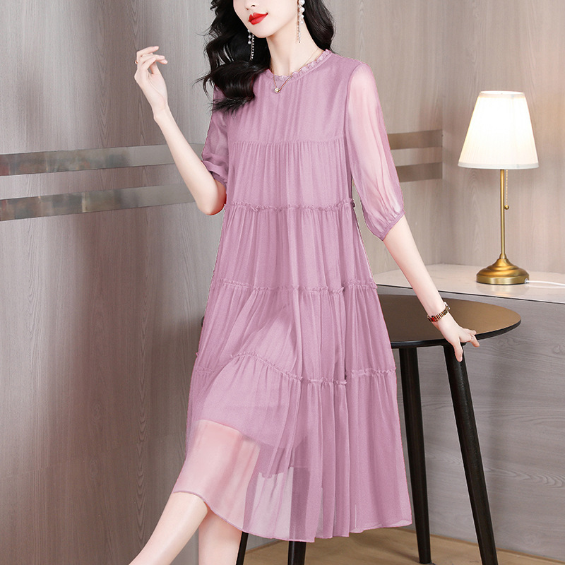 High-end Silk dress Women's Korean-style Elegant Elegant Mulberry Silk Mid-length Beach Dress Loose plus size Pleated Dress