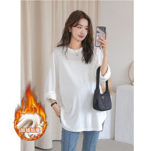 In stock pregnant women's autumn and winter clothing fleece-lined thickened bottoming shirt sleeve top cover hip