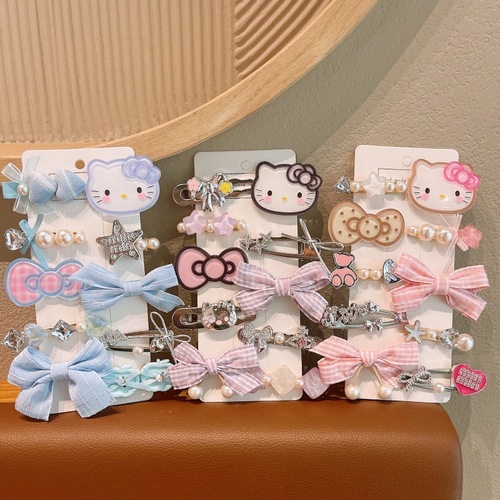 Children's hair clip cute cat side fringe hair clip fabric bow metal clip for girls versatile hair clip