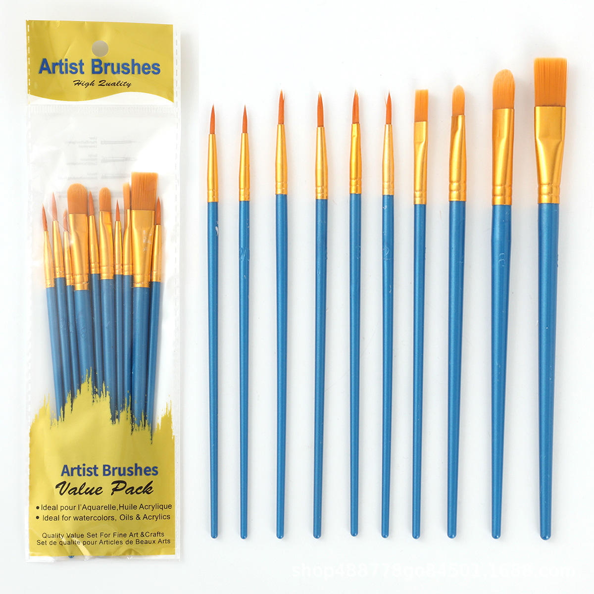 Los fabricantes venden al por mayor diez juegos de pinceles de pelo de nailon, pinceles de aceite de poste de plástico, pinceles de arte, pinceles de pintura de gouache de acuarela