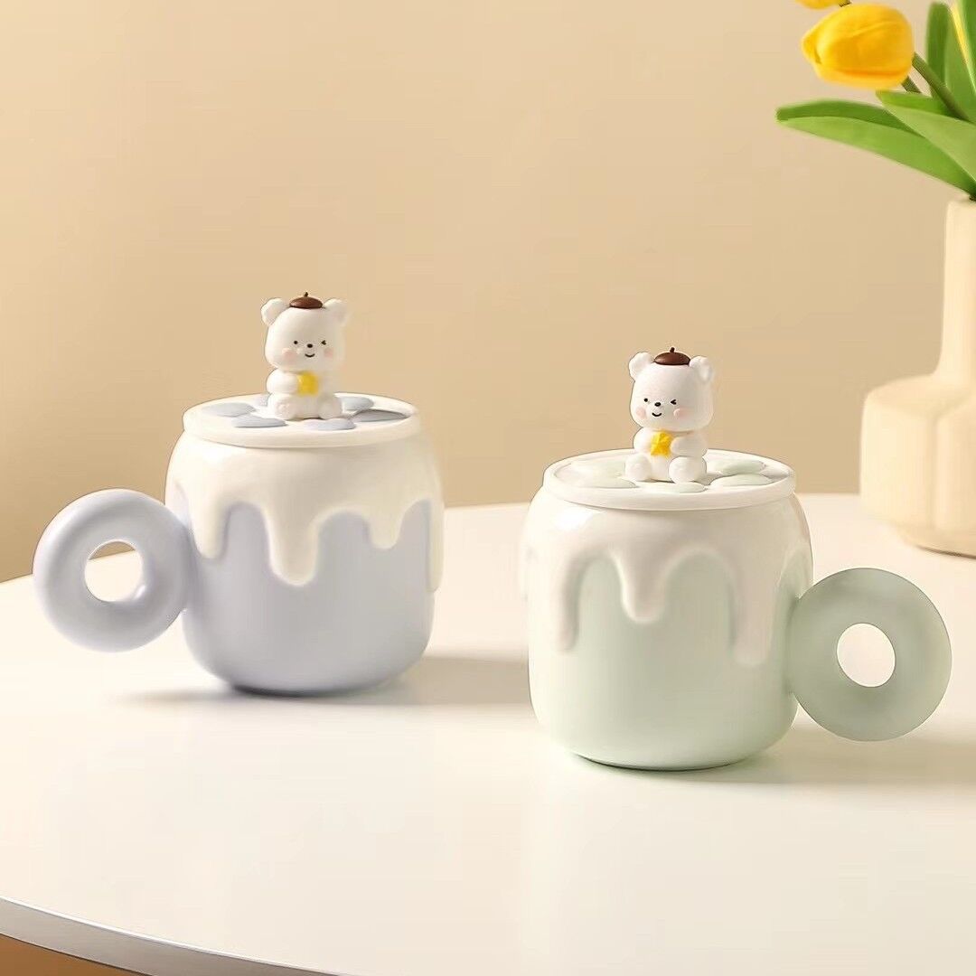 Creative Japanese style milk bear mug with lid cute high-value…