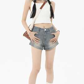 2024春夏新品复古弹力美式性感辣妹包臀显瘦做旧牛仔短裤女热裤潮