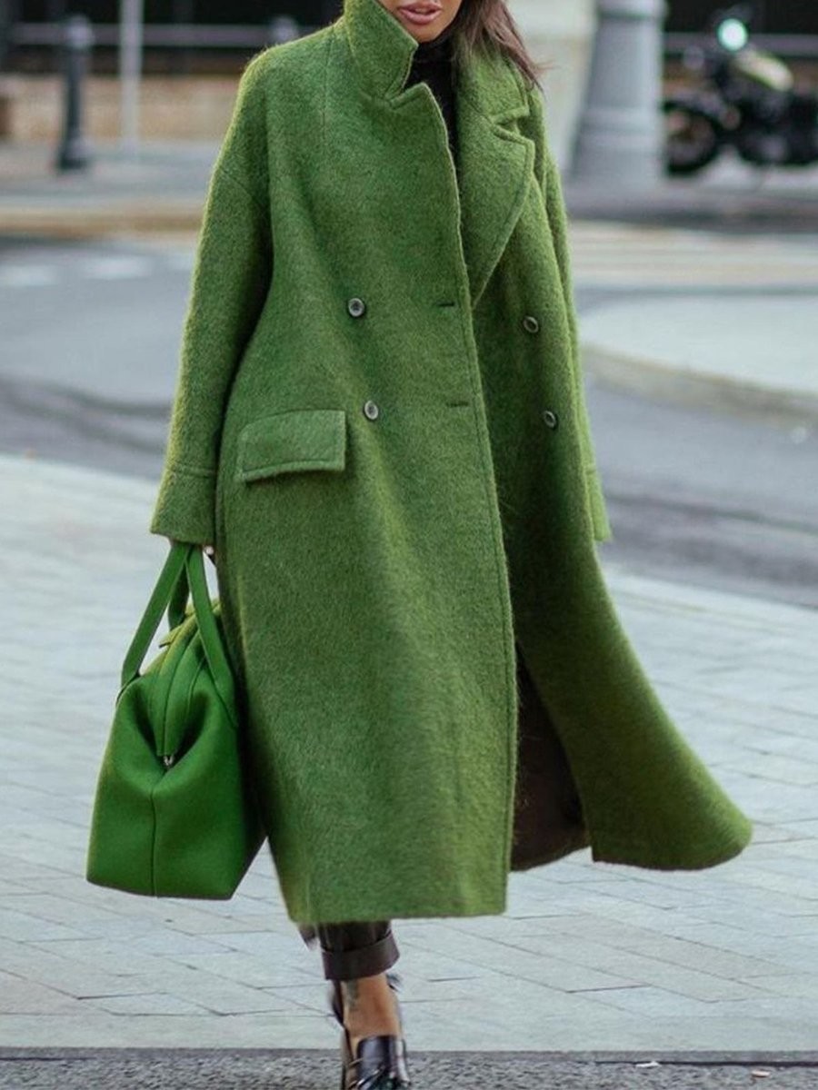 Women's long woolen coat solid color temperament commuting beltless lapel loose woolen green coat_voghion.com