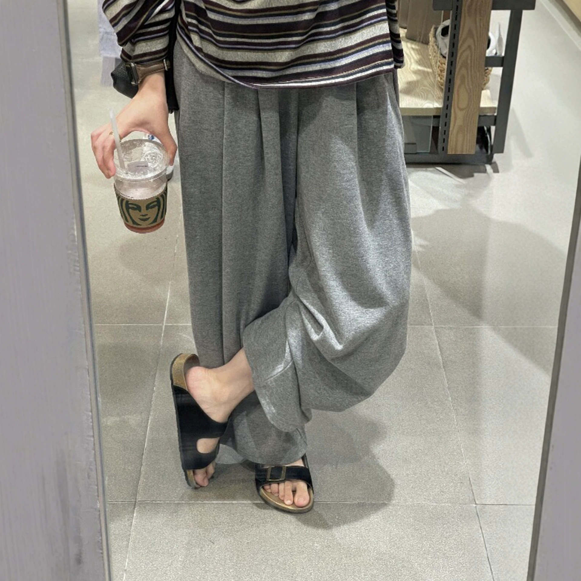 Gray rice-colored pants for women, 2026 new casual sweatpants, plus-size, slimming wide-leg pants, loose boyfriend style, relaxed fit