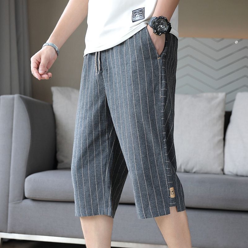 Linen cropped pants men's summer 2023 new trendy loose cotton and linen thin straight casual cropped shorts