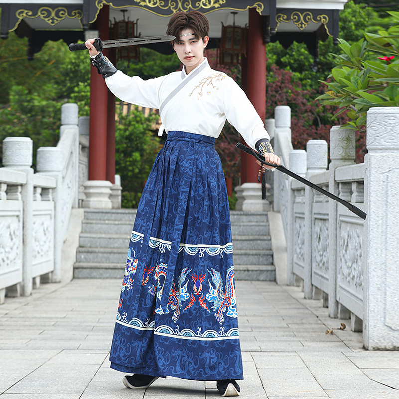 Original Dragon Pattern White and Blue Men's Clothing Chinese Style Improved Traditional Han Dynasty Tang Style Song Dynasty Two-Piece Set Qin and Han Ancient Costume Men