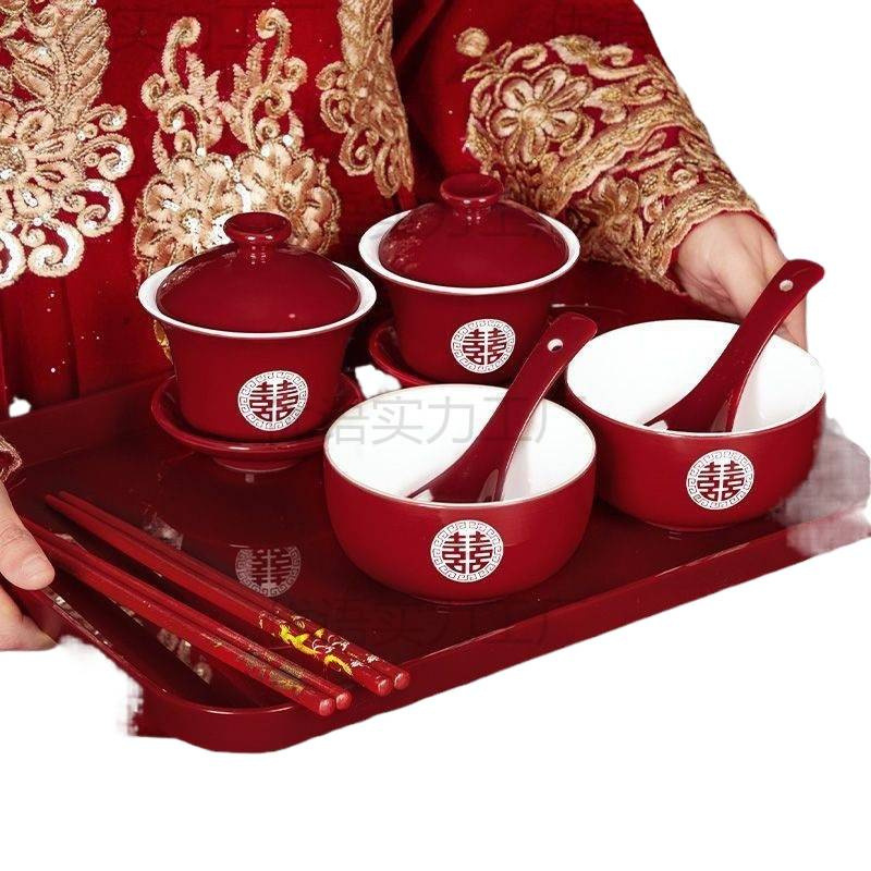 景德镇结婚碗筷套装陪嫁改口敬茶杯红色喜庆对碗喜碗敬酒婚礼用品|undefined