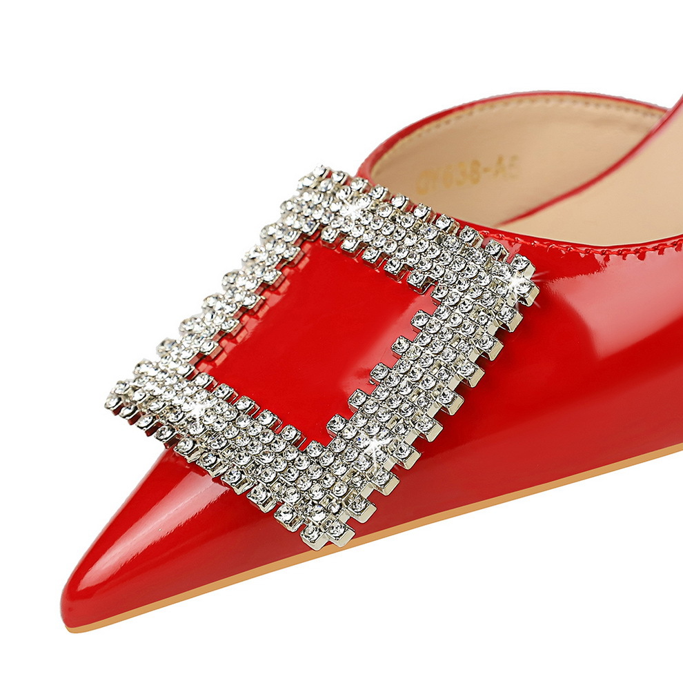 Stiletto Pumps Patent Leather Pointed Toe Rhinestone Buckle Women_voghion.com