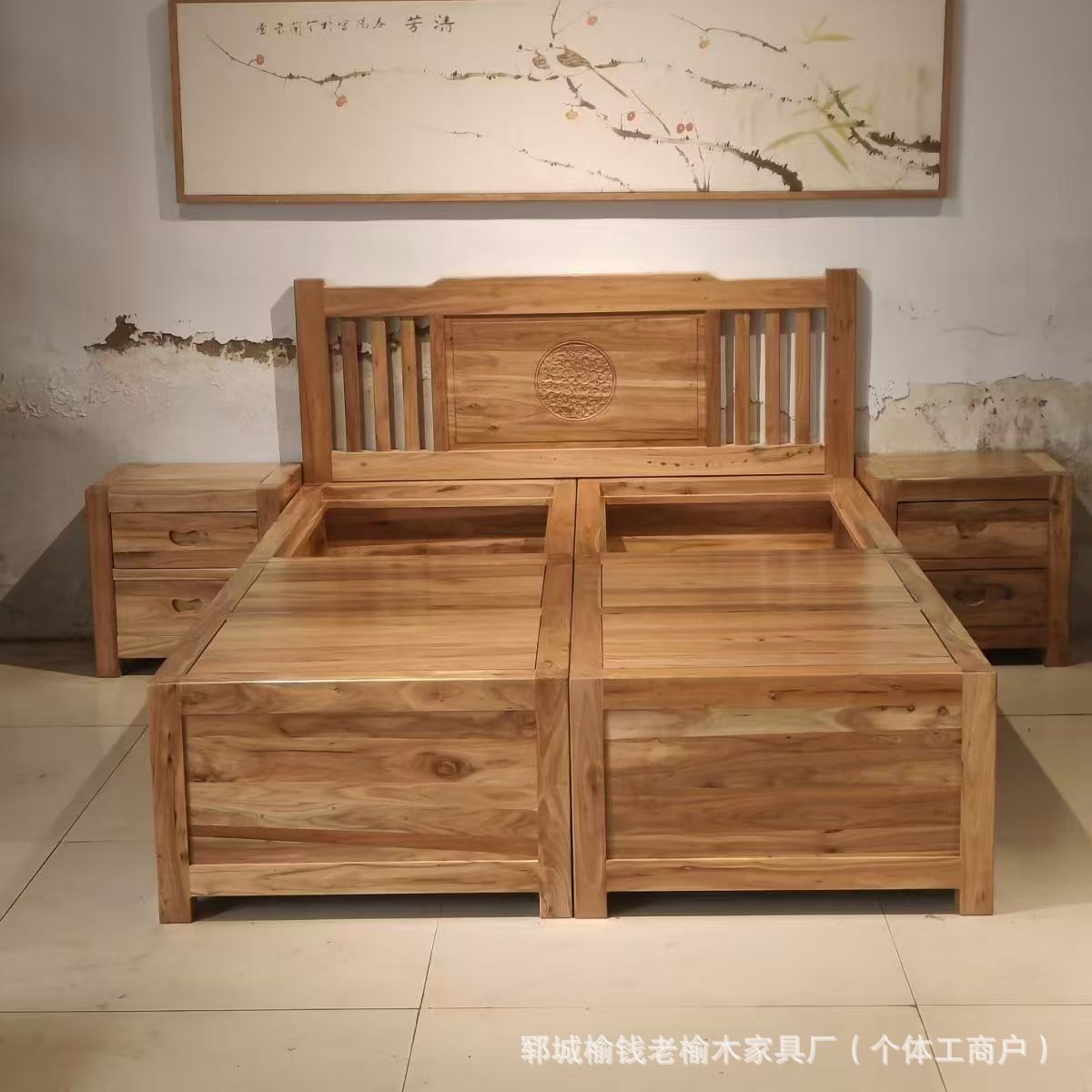 老榆木实木床民宿酒店主卧家用床新中式复古原木古典双人老榆木床