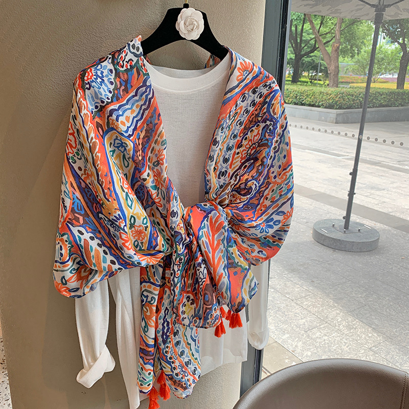 Summer Ethnic Style Silk Scarf, Sun Protection Dual-Purpose Orange Cashew Versatile Printed Cotton and Linen Gauze Scarf, Beach Towel Shawl