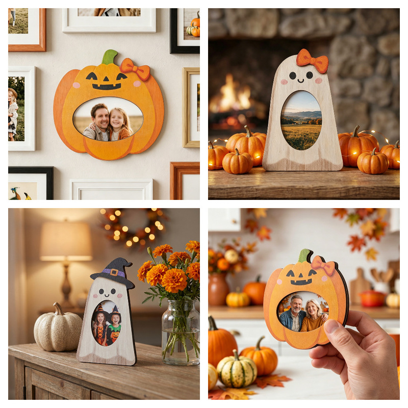 Halloween Wooden Photo Frame with Pumpkin and White Ghost Designs, Cute and Adorable Pet Photo Frame Gift Halloween Wooden Photo Frame with Pumpkin and White Ghost Designs, Cute and Adorable Pet Photo Frame Gift