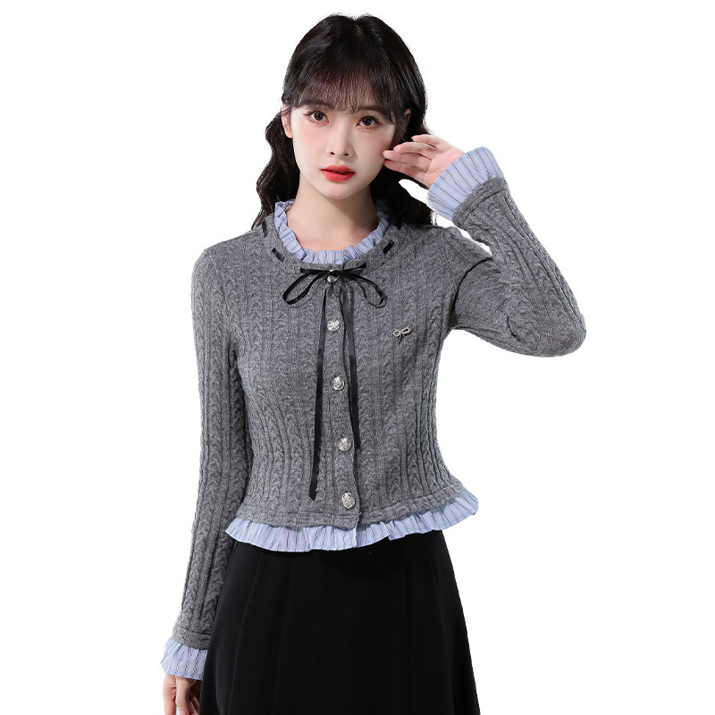 时尚甜美假两件灰色毛衣女2025秋季款学院风木耳边系带修身针织衫|undefined