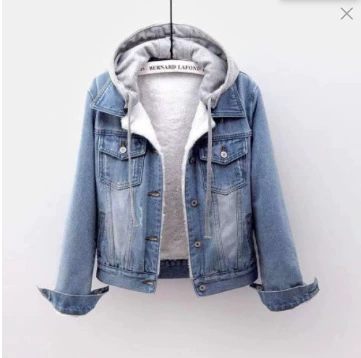 Джинсовая куртка женская зимняя дикая бархатная толстая хлопчатобумажная одежда с капюшоном теплая с длинными рукавами