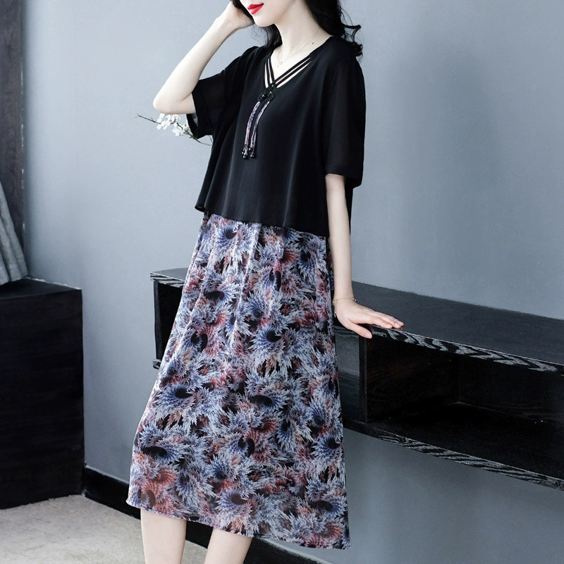 Летняя новая мода шифон прохладный 30-летний толстый мама 240 фунтов плюс размер с короткими рукавами юбка повседневная женская одежда