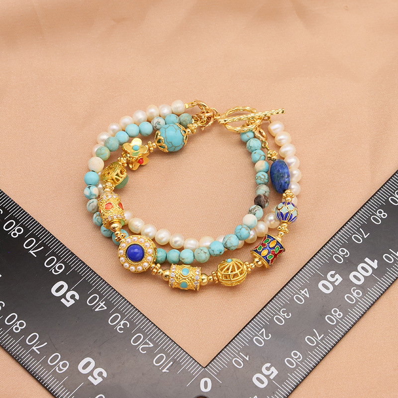 Pulsera de perlas de agua dulce natural para niñas pulseras de tres capas de cloisonné turquesa de alta calidad