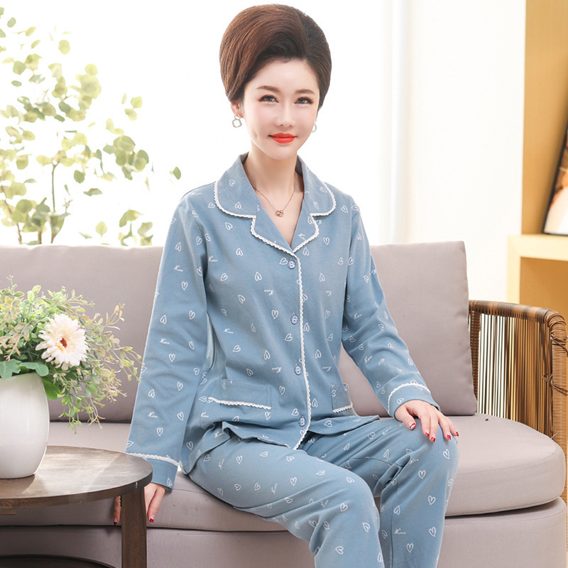 Middle-Aged and Elderly Women's Pajamas Spring and Autum Long-Sleeved Cardigans Mom Middle-Aged Home Clothes Casual Loose Plus Size Suit