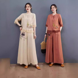 Ethnic Style Suit High-end Women's Top Pants Summer Cotton and Linen Cardigan Chinese Linen Embroidered Mother Loose Two-piece Set