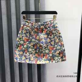 高腰碎花牛仔短裙女夏季时尚洋气减龄百甜美个A字印花牛仔半身裙