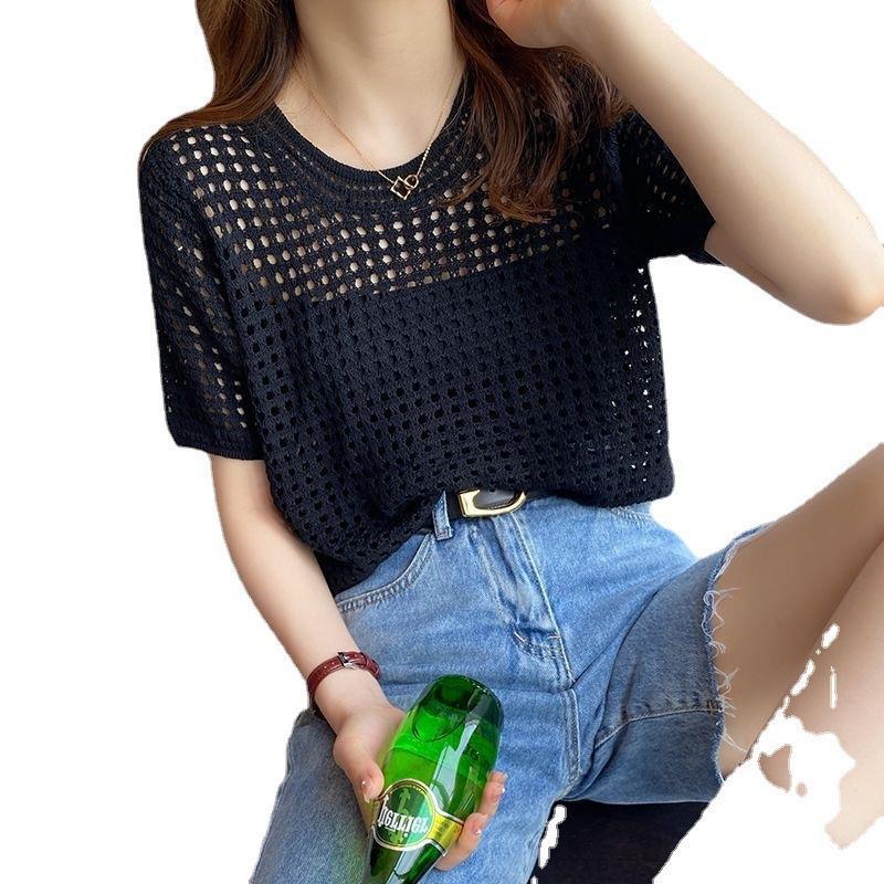 Camisa de manga corta hueca, estilo fino de verano para mujer, sentido de diseño, blusa holgada y elegante de nicho