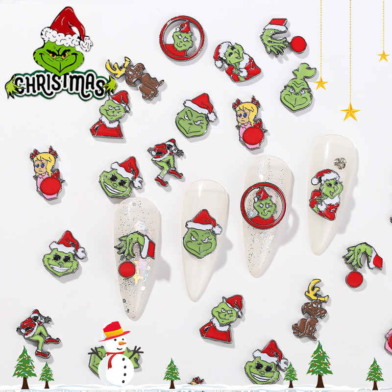 Cross-Border New Christmas Cartoon Grinch Green-Haired Monster Christmas Tree Alloy Nail Art Decorations