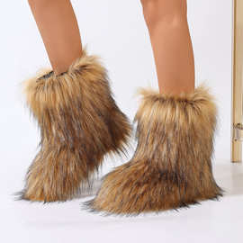 欧美跨境辣妹y2k毛毛靴子女冬季保暖时尚靴中筒靴大码厚底雪地靴