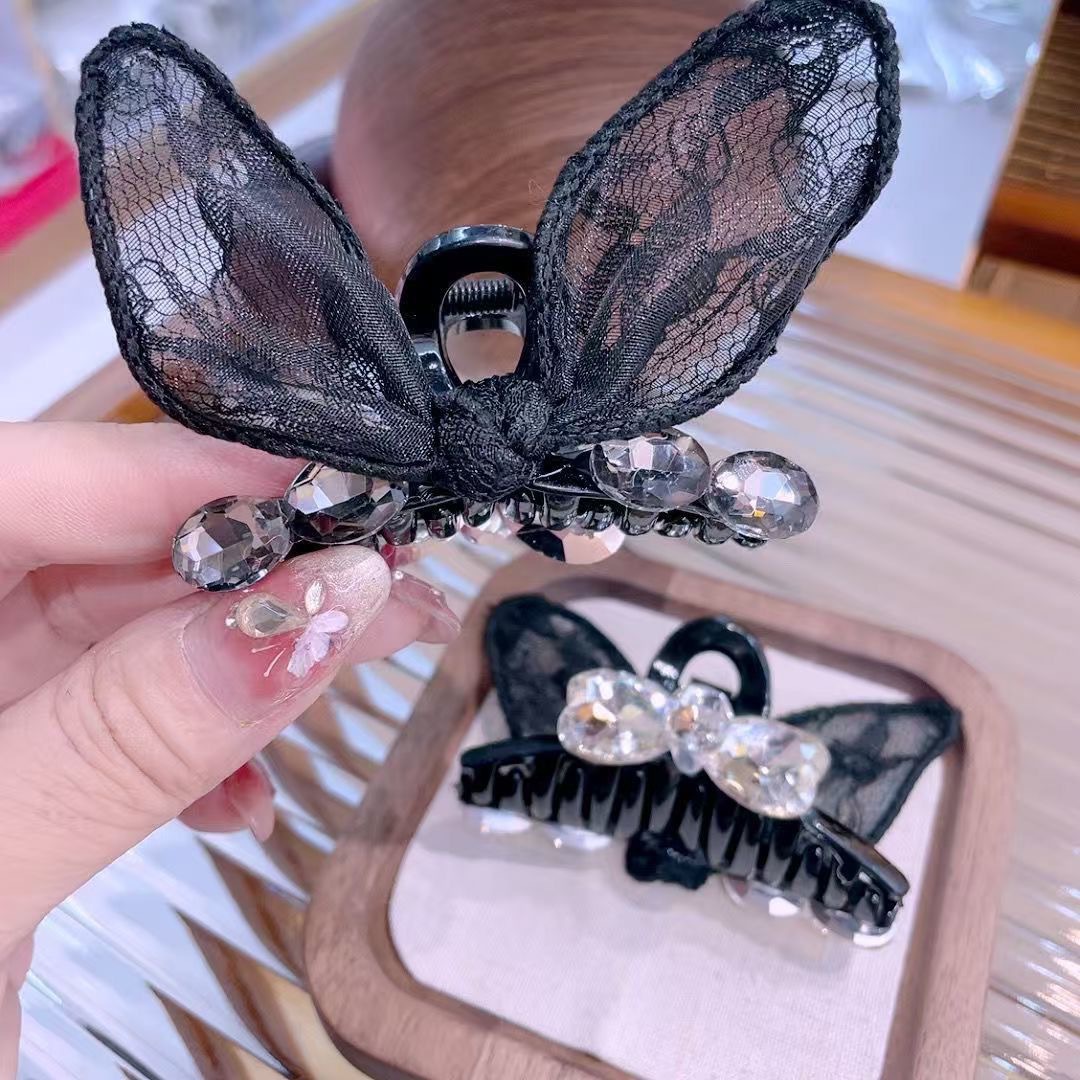 South Korea New Black Lace Bow Naked Diamond Bangs Grasp Side Front Head Broken Hair Grasp Headwear Princess Hair Accessories