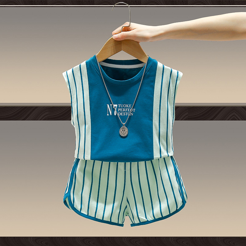 7921 traje de chaleco de verano para niños 2025 nuevos pantalones cortos sin mangas de verano para niños de dos piezas ropa de bebé de moda