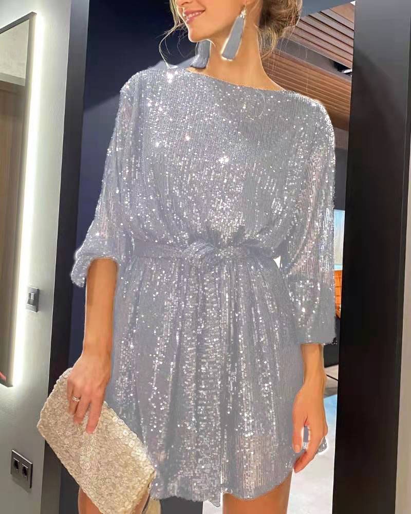 Sparkling Sequin Party Dress With Off-Shoulder Neckline And Flutter Sleeves, Elegant Midi Length Formal Gown_ecoleips.com