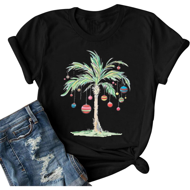[European Size Cotton T-Shirt] Christmas Shirt, Women's Palm Tree T-Shirt, Summer Beach Party Shirt, Funny Hawaiian Style