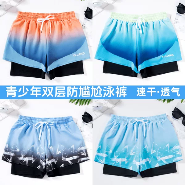 New Style Youth Double-Layer Swimming Trunks, Soft, Comfortable, Breathable, Quick-Drying, Anti-Embarrassment Swimming Trunks for Middle-Aged and Older Children, Wholesale