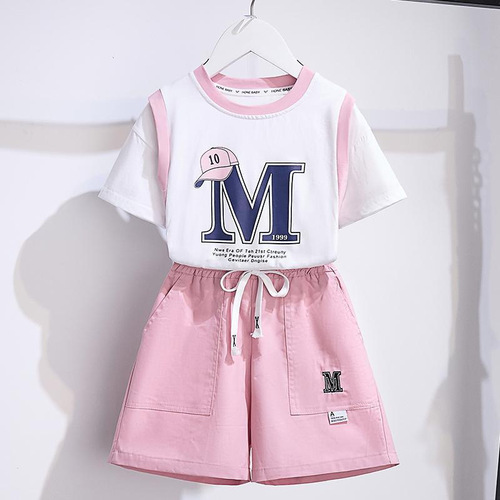 Girls summer thin sports suit dropshipping 2023 middle and large children fake two-piece T-shirt five-piece pants two-piece set