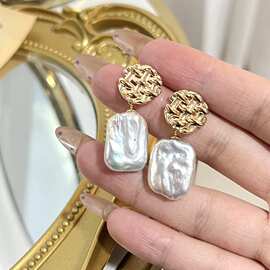 欧美芭莎风格S925银针淡水珍珠方巴洛克异形麻花强光珍珠耳钉耳坠