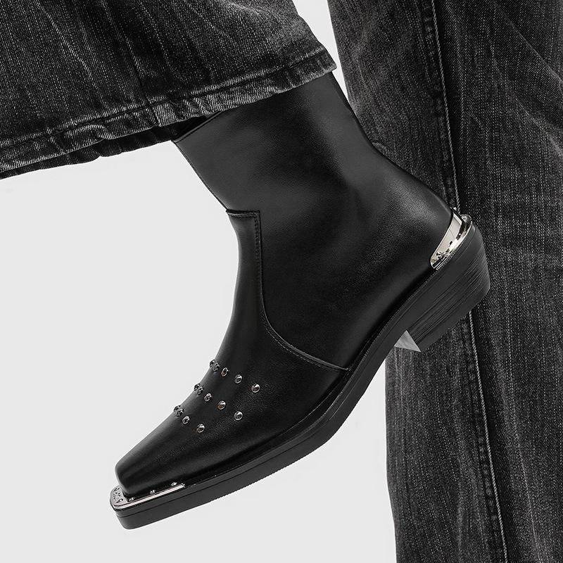 Shopping Mall Same Style Large Size 45 46 New Iron Toe Boots High Heel Chelsea Boots Men's Square Toe Martin Side Zipper Boots