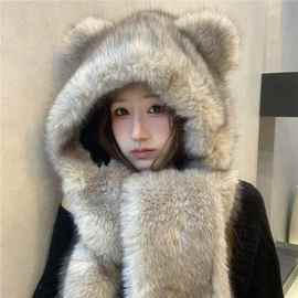 毛绒绒小熊耳朵帽子围巾一体女冬季保暖护耳雷锋帽围脖手套三件套