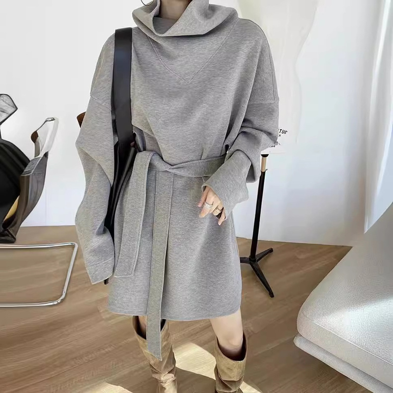 Autumn and winter fashion long sleeve mid-length new sweater temperament dress belt ins coat top for women
