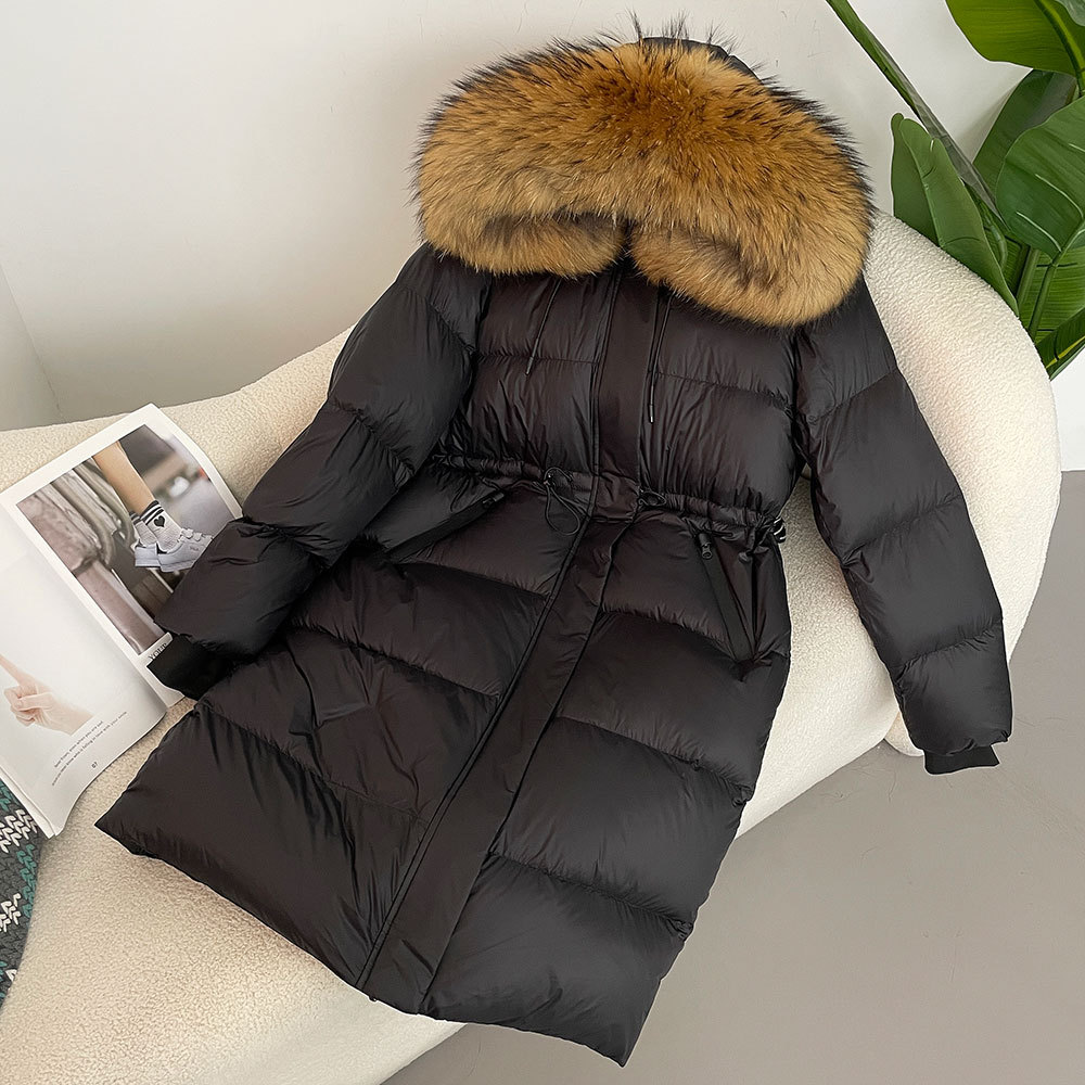 Women's down jacket, high end women's black and gold upgraded version, long, high quality 90% white duck down, thickened and warm jacket_voghion.com