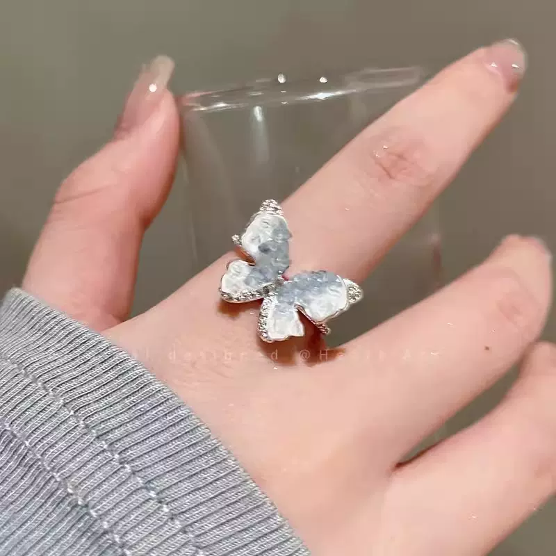 碎冰蓝蝴蝶开口戒指女isn超仙高级感百搭食指戒小众设计轻奢手饰