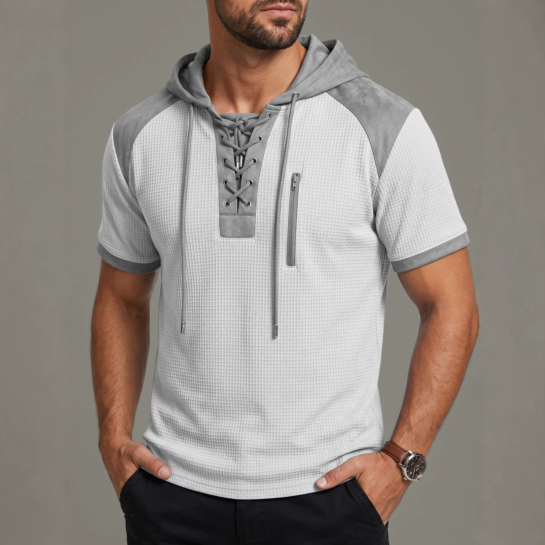 Estación independiente europea y americana encapuchada camiseta Henry de manga corta TK tamaño europeo correa de correa de correa deportiva de comercio exterior Casual camiseta hombre