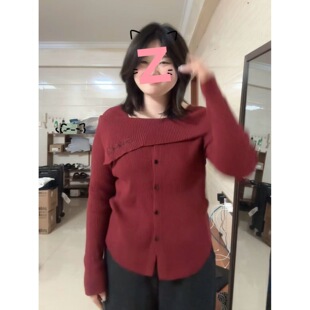 Plus Size Women's Autumn and Winter One-Shoulder American Hot Girl Pure Desire Top with Bottoming Shirt Trendy Angora Red
