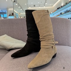 欧洲站XJ女鞋25秋冬时尚软磨砂牛皮尖头舒适休闲套筒粗低跟皮长靴
