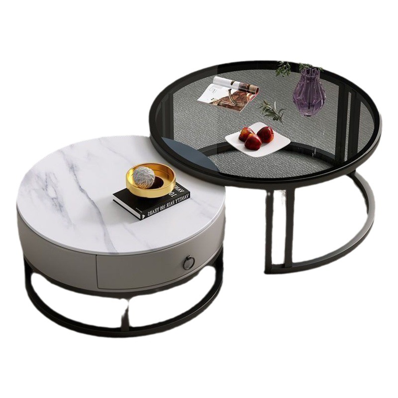 Mesa de centro redonda pequeña de lujo moderna minimalista para sala de estar de apartamento pequeño, moderna y transfronteriza, de alta gama, con losa de roca.