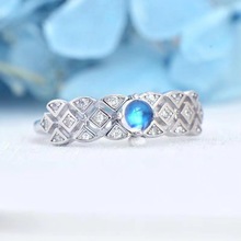 新款斯里兰卡蓝月光石开口戒指女天然水晶冰种简约复古风开口指环