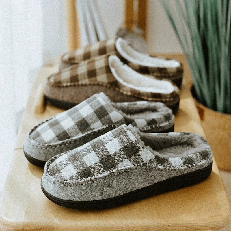 Мужские и женские домашние тапочки из искусственного меха в клетку, оптом, для осени и зимы, нескользящие, теплые, на хлопковой подкладке.