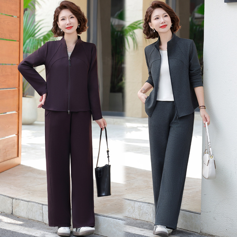 Mother's Spring Wear Sports suit Solid Color Wide Wife Slim Jacket 2025 New Middle-aged and Elderly Women's Spring and Autumn Two-piece Set